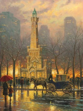 風景 Painting - シカゴの冬のウォータータワーの街並み